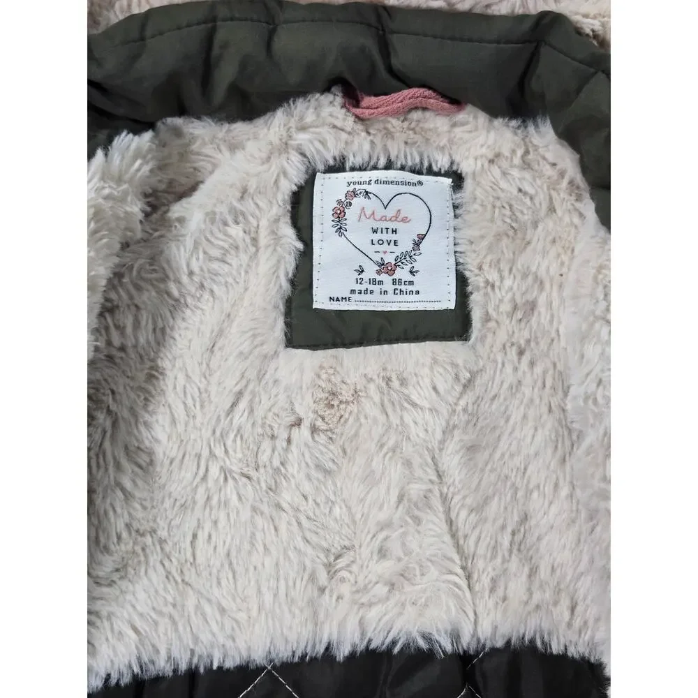 Young Dimension Baby Girls 12-18M Olive Green Parka Coat Faux Fur Floral Sherpa